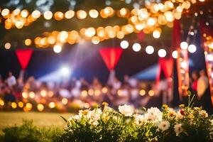 une mariage accueil avec lumières et fleurs. généré par ai photo