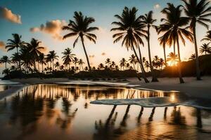 le Soleil ensembles sur une plage avec paume des arbres et l'eau. généré par ai photo