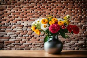 une vase avec fleurs sur une table dans de face de une brique mur. généré par ai photo