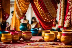 Indien mariage la cérémonie avec coloré des pots et vases. généré par ai photo