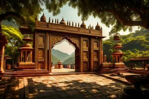 un ancien temple avec une porte dans le milieu de une forêt. généré par ai photo