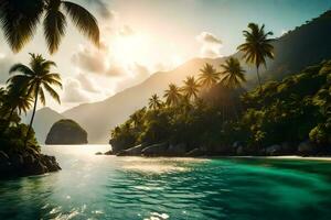 tropical île avec paume des arbres et l'eau. généré par ai photo