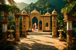 le d'or porte de le temple est entouré par paume des arbres. généré par ai photo