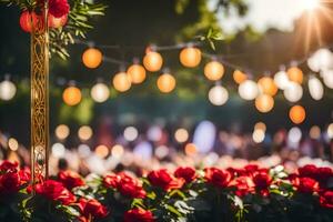 rouge des roses dans le jardin avec une éclairé lanterne. généré par ai photo