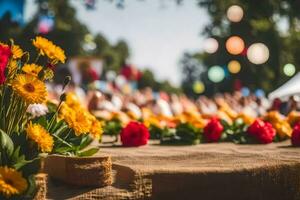 fleurs sont arrangé sur une table dans de face de une foule. généré par ai photo