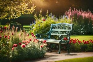 une banc dans une jardin avec fleurs et des arbres. généré par ai photo