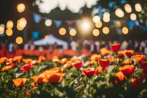 Orange fleurs dans une champ avec lumières dans le Contexte. généré par ai photo