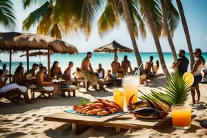 une table avec Fruit de mer et les boissons sur le plage. généré par ai photo