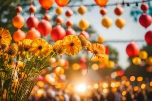 Jaune fleurs dans de face de coloré lanternes. généré par ai photo