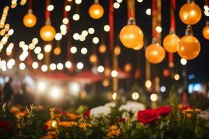 une fleur arrangement avec lumières et des ballons. généré par ai photo