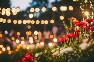 fleurs et lumières dans le jardin à nuit. généré par ai photo