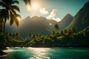 tropical île avec paume des arbres et montagnes. généré par ai photo