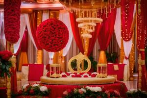 une rouge et or mariage la cérémonie avec une or et blanc mariage gâteau. généré par ai photo