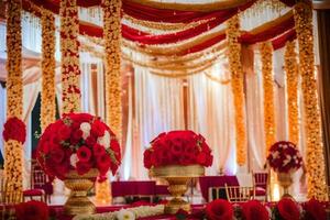 une mariage la cérémonie avec rouge et or décorations. généré par ai photo
