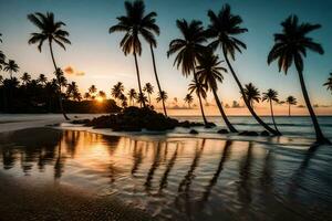 le Soleil ensembles plus de le océan et paume des arbres sur une plage. généré par ai photo