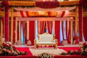 un Indien mariage la cérémonie avec rouge et or décorations. généré par ai photo