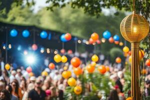 une foule de gens à un Extérieur un événement avec coloré des ballons. généré par ai photo