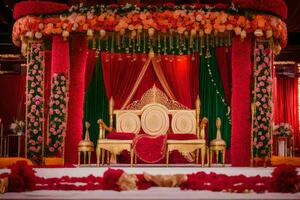 un Indien mariage la cérémonie avec une rouge et or thème. généré par ai photo