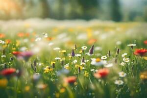 sauvage fleurs dans une Prairie à lever du soleil. généré par ai photo