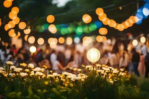 une groupe de gens sont permanent dans de face de une jardin avec lumières. généré par ai photo