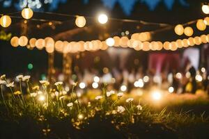 une jardin avec lumières et fleurs. généré par ai photo