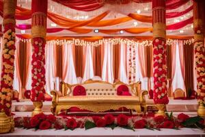 un Indien mariage étape décoré avec rouge et or décorations. généré par ai photo