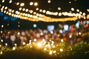 une groupe de gens sont permanent en dessous de une chaîne de lumières. généré par ai photo