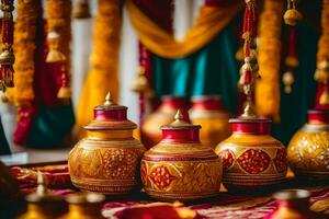 Indien mariage décor avec coloré des pots et vases. généré par ai photo