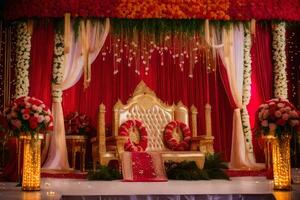 un Indien mariage la cérémonie avec rouge et or décorations. généré par ai photo