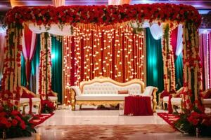 un Indien mariage la cérémonie avec rouge et or décorations. généré par ai photo