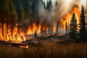 une forêt Feu est brûlant dans le milieu de une champ. généré par ai photo