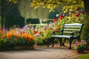 une banc est assis dans une jardin entouré par fleurs. généré par ai photo