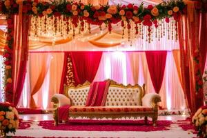 un Indien mariage étape décoré avec rouge et Orange fleurs. généré par ai photo