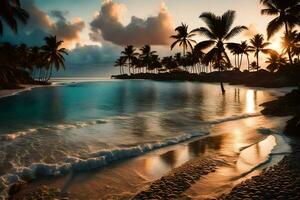 une plage à le coucher du soleil avec paume des arbres et l'eau. généré par ai photo