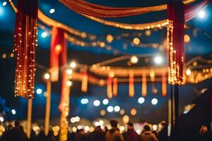 une groupe de gens permanent en dessous de une chaîne de lumières. généré par ai photo