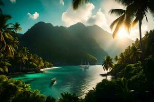 une tropical île avec paume des arbres et une bateau. généré par ai photo