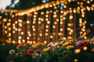 fleurs et lumières dans de face de une en bois clôture. généré par ai photo