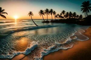 le Soleil ensembles plus de le océan et paume des arbres sur une plage. généré par ai photo