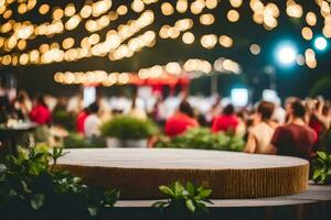 une en bois table avec lumières sur il. généré par ai photo