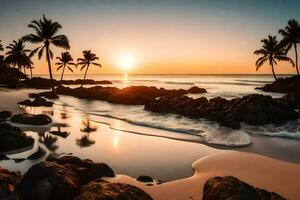 le Soleil ensembles sur le plage dans le pacifique océan. généré par ai photo