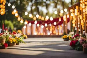 une mariage la cérémonie avec fleurs et lumières. généré par ai photo