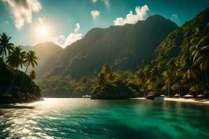 le Soleil brille plus de une tropical plage et paume des arbres. généré par ai photo