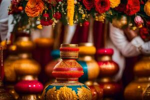 coloré des vases avec coloré fleurs et or décorations. généré par ai photo
