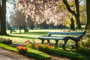 une parc banc est entouré par fleurs. généré par ai photo