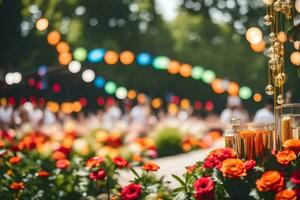 une fleur arrangement avec bougies et fleurs dans le Contexte. généré par ai photo