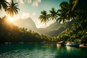 une tropical île avec paume des arbres et bateaux. généré par ai photo