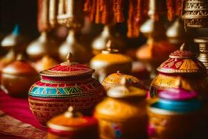 coloré des pots et pots sont affiché sur une tableau. généré par ai photo