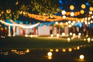 une mariage accueil avec lumières et des arbres. généré par ai photo