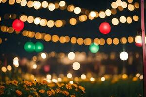 une champ de fleurs et lumières à nuit. généré par ai photo