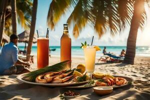 une table avec crevette, les boissons et nourriture sur le plage. généré par ai photo